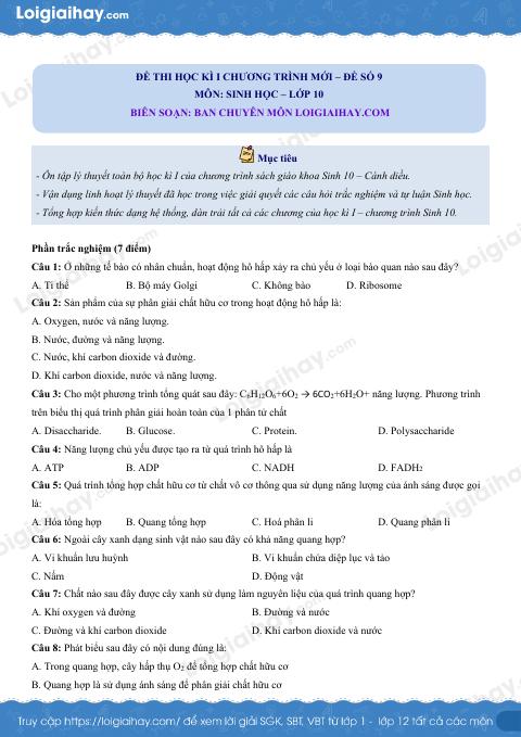 Đề thi học kì 1 Sinh 10 Cánh diều - Đề số 9